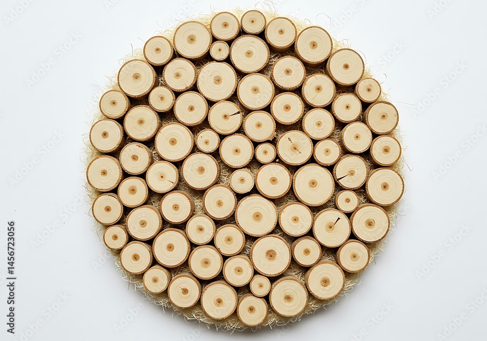 Aufkleber round wooden trivet made of small tree slices on a white background in a studio setting