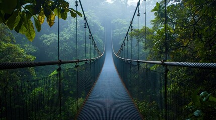 Fototapeta premium A hanging bridge high above a lush jungle canopy.