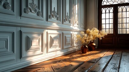 Cozy Alabaster White Wall with Warm Wood Trim, Sunlit Ambiance in a Spacious, Inviting Environment