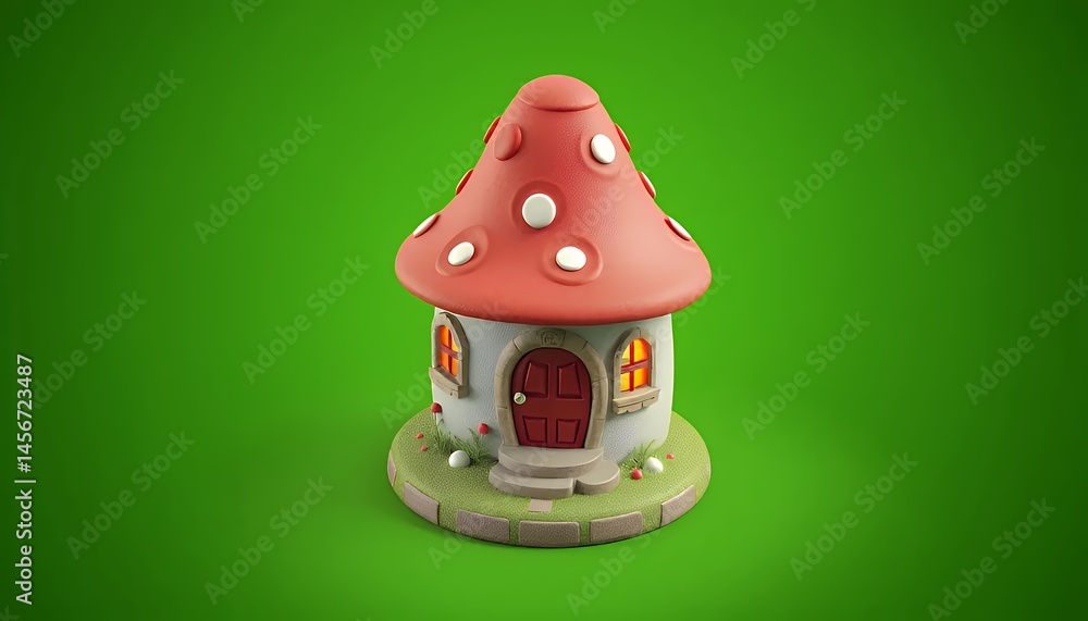 Poster isometric 3d mushroom house with red cap and stone base isolated on green screen for vfx movie and g