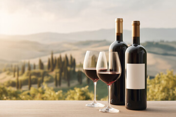 Fototapeta premium Bottles of red wine with mockup label and two glasses on an outdoor table with a rural sunset landscape in the background
