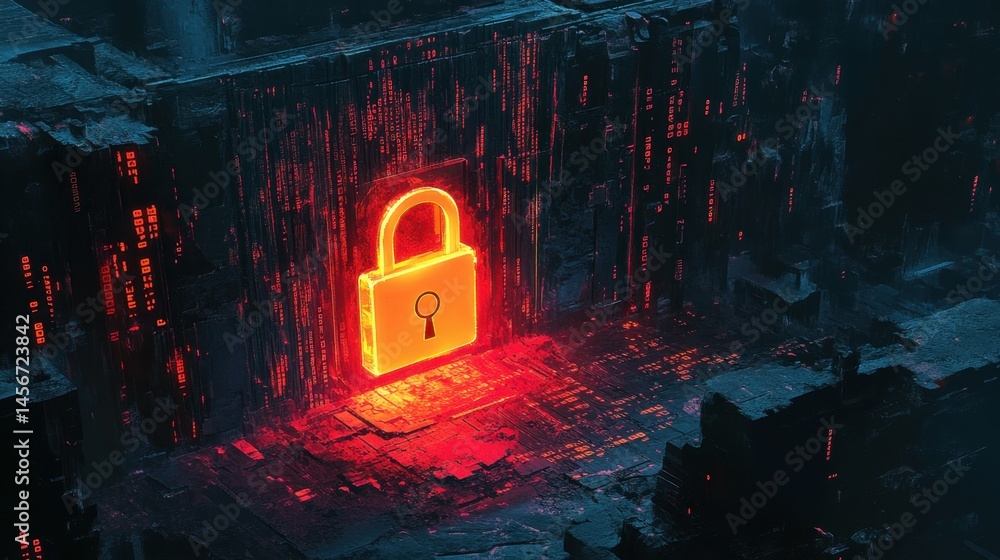 Poster A glowing digital padlock surrounded by binary code, representing secure data, futuristic style.