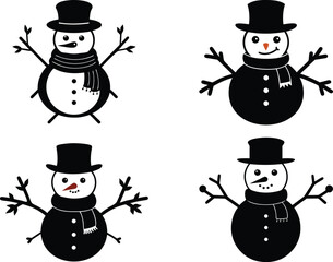 Gingerbread silhouette vector icon set, man with a broom, snowman with a cane, set of funny cartoon snowman, vector set of funny snowman, set of funny snowman.