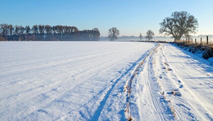 Winter landscape with snow-covered field and pathway rural scene daylight serene environment aesthetic view