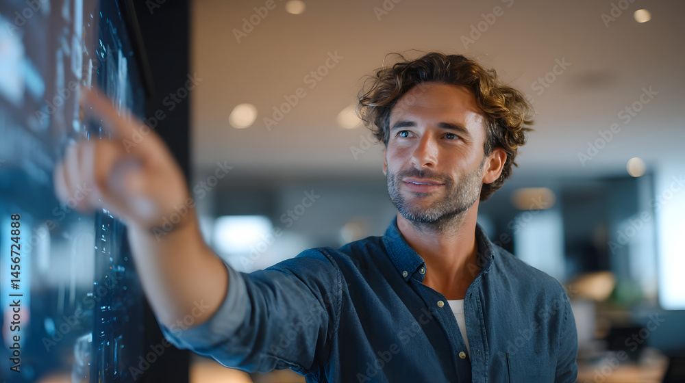 Poster focused entrepreneur analyzing data on interactive display