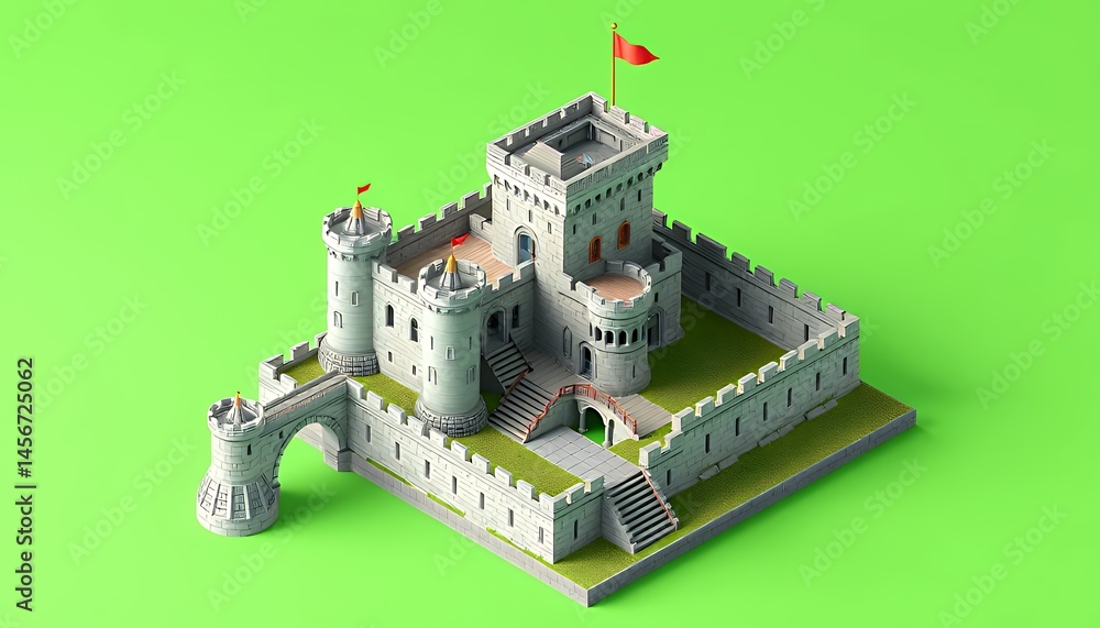 Poster isometric 3d voxel medieval castle with red flags on green screen background featuring cylindrical t