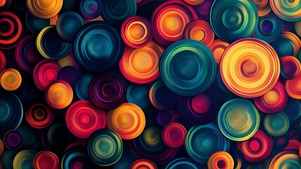 Vibrant abstraction featuring colorful circles against a dark background in a dynamic artistic composition