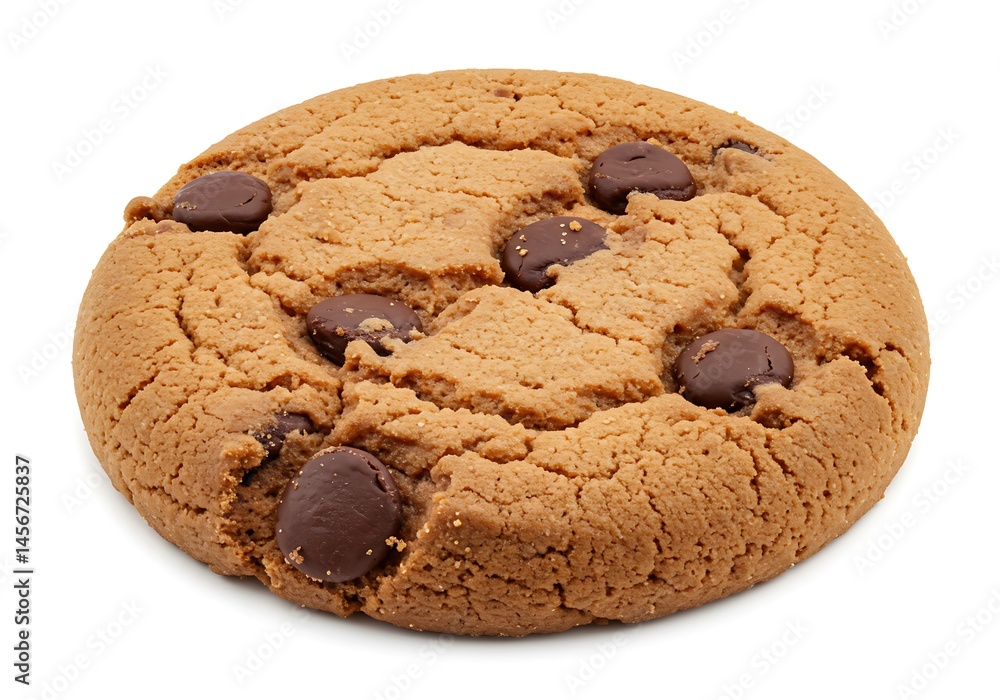 Poster a single chocolate chip cookie on a white background with visible chocolate chips and cookie texture