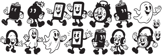 Retro Cartoon Earth and Characters Walking – Vintage Style Mascots