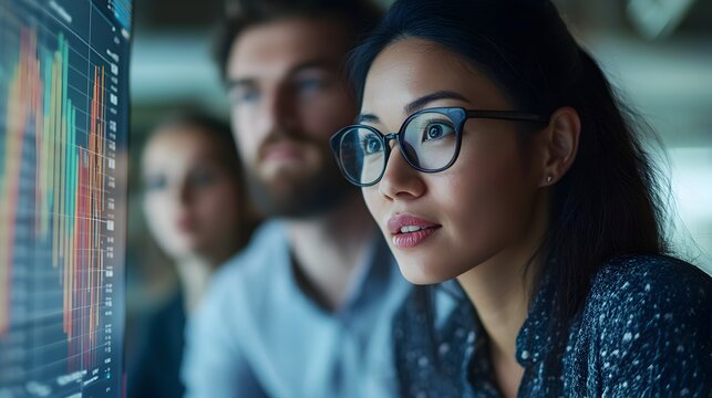 A focused team of diverse professionals collaborates intently on a large digital data screen analyzing complex financial charts and graphs together.
