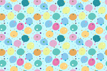 Beautiful seamless abstract polka dot pattern on  blue background. Orange, yellow, blue, dark green, green and pink colors. For wallpaper, textiles, packaging, background, website.