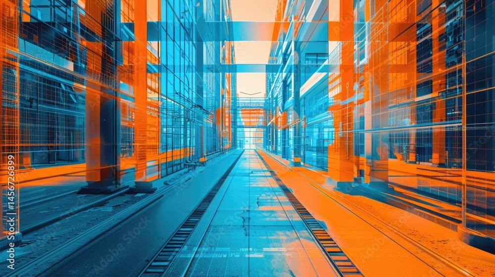 Poster this vivid image showcases a futuristic urban environment with striking colors and sharp lines. it c