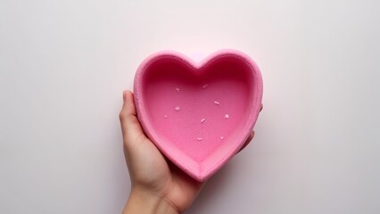 Fototapeta premium A hand holding a pink heart shaped box on a white surface.