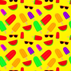 Fun colorful pattern of illustrated popsicles sunglasses and watermelon slices on bright yellow