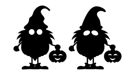 Spooky halloween gnomes holding pumpkins in a haunted scene
