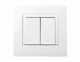 Close-up of a white electrical light switch with two rectangular buttons, set on a white wall