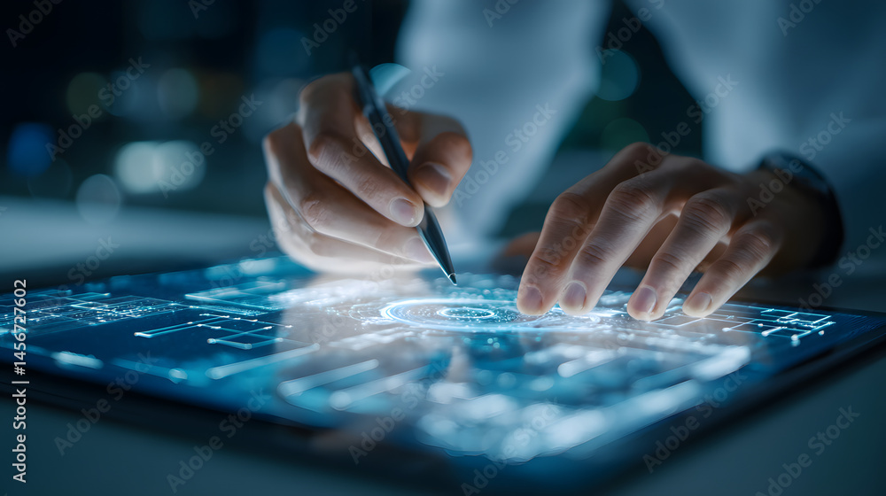 Poster ai engineer designing neural networks on tablet