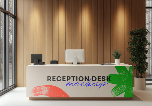 Reception Desk Mockup with Natural Wood Wall &ndash; Clean Front Desk Design for Corporate or Hospitality Branding