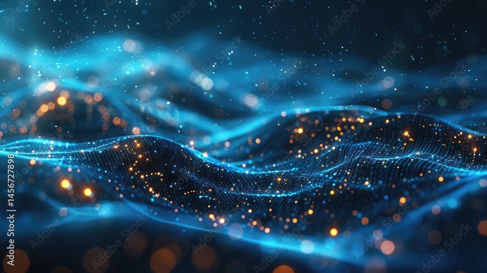 Poster wonderful picture of micro light sparkling particles scattered across blue flowing wave, create abst