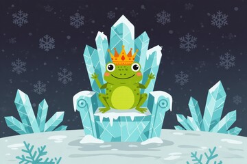 Cute cartoon of frog with crown, animals, joyful expression on blue crystal throne in snowy landscape, surrounded by snowflakes. Concept of frog with crown, whimsy, magic, cheerfulness.