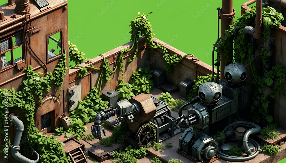 Poster isometric derelict industrial interior with rust and vines isolated on green screen 3d rendering for