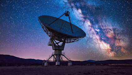 Majestic night sky with massive satellite dish rotating under vibrant milky way galaxy