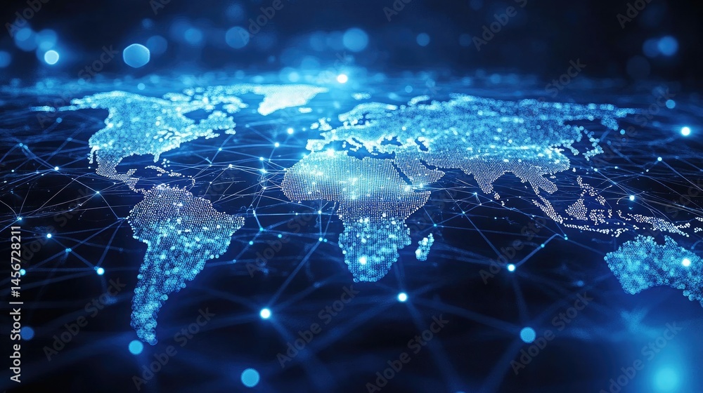 Poster abstract world map with nodes connections in blue digital global network