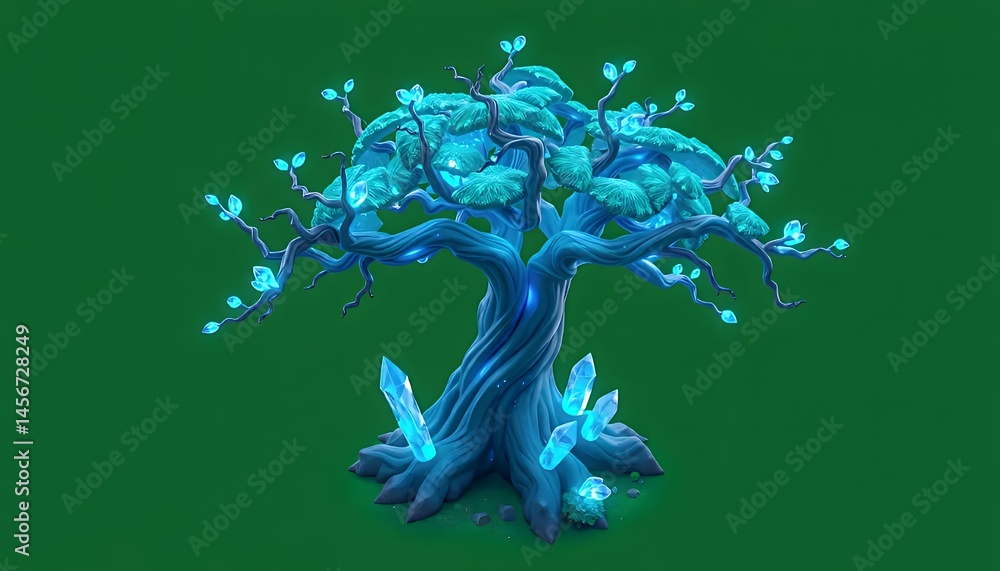 Poster isometric ethereal turquoise tree isolated on green screen for vfx movie game element