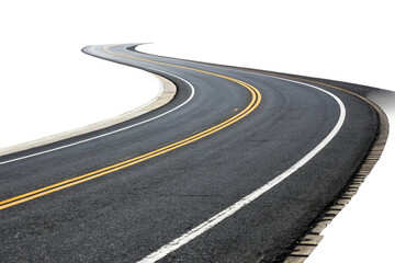 Obraz premium A curved road with yellow and white markings bordered by reflective barriers, offering a sense of direction and perspective. Isolated on a transparent background