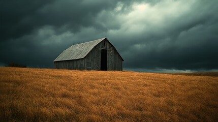 Gray barn on a golden field under a stormy sky.