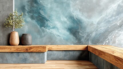 Scandinavian Minimalist Alabaster Wall with Oak Floor Edging, a serene interior space showcasing clean lines, a soft color palette, and harmonious design elements.