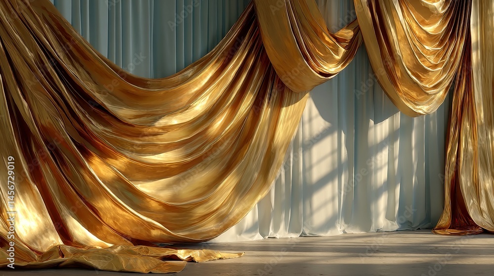 Poster warm golden hour illuminates a soft neutral wall adorned with delicate curtain folds, creating a ser