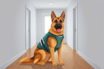 German shepherd in training vest, dogs, sitting on wooden floor in hallway. Concept of vibrant illustration capturing german shepherd in training vest, emphasizing its expression and personality.