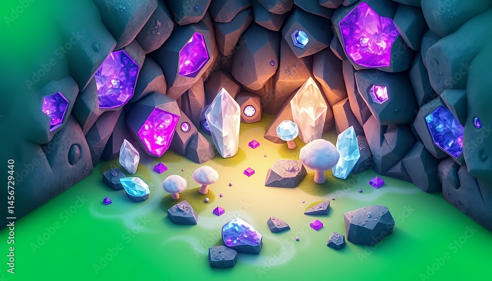 Poster isometric gemstone cave with crystals isolated on green screen in 3d render featuring rocks and mush