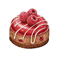 Watercolor illustration of a chocolate raspberry layer cake slice with chocolate frosting and raspberry topping. Rich bakery dessert drawing, isolated food.
