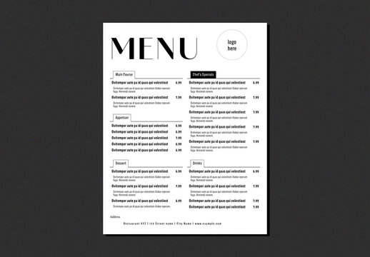 Menu Layout template for a restaurant bar