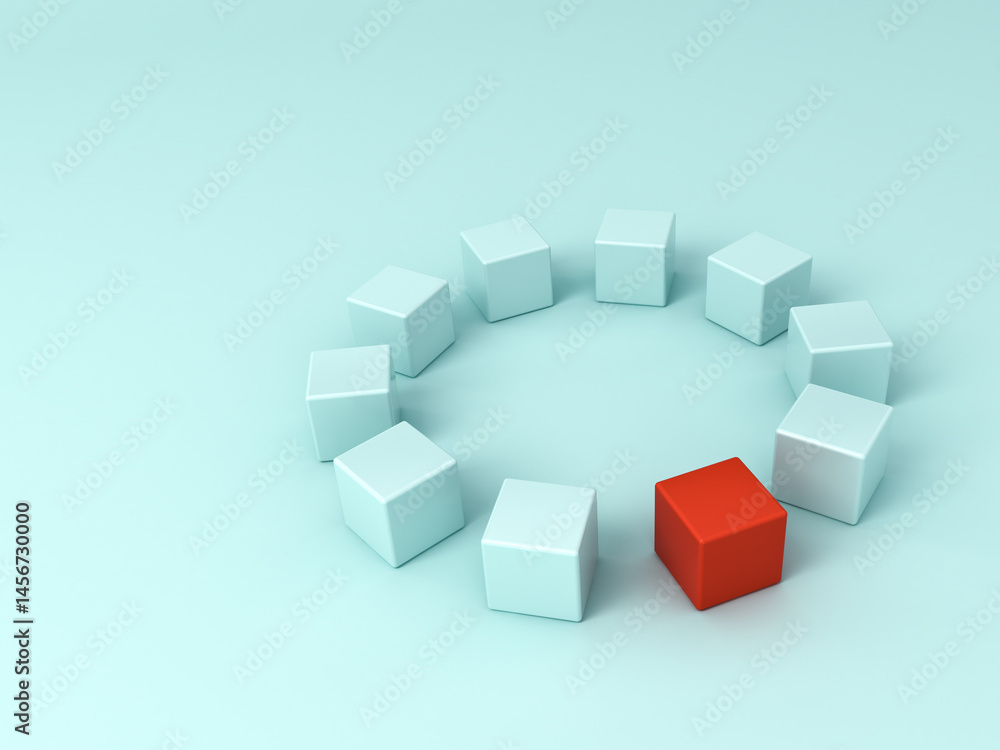 Poster Stand out from the crowd and different concept One strange red cube square box among other light blue boxes forming circle isolated on light blue green pastel color background with shadow 3D rendering