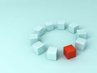 Stand out from the crowd and different concept One strange red cube square box among other light blue boxes forming circle isolated on light blue green pastel color background with shadow 3D rendering