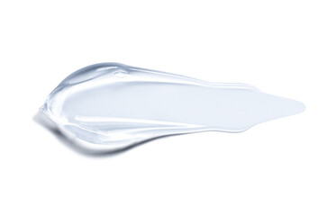 The sample is a smear of transparent cosmetic gel or cream. Isolated on a white background