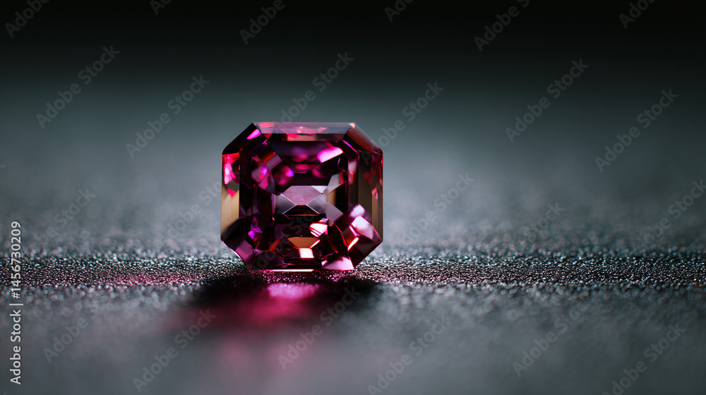 Poster full gemstone captured in a centered view, glowing with a bright pink chromaticity and precise swing
