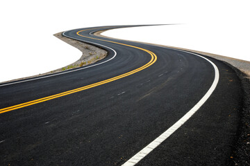 A curved road with yellow and white markings bordered by reflective barriers, offering a sense of direction and perspective. Isolated on a transparent background