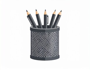A cylindrical container filled with several graphite pencils. Five pencils stand upright, poised for writing and drawing purposes