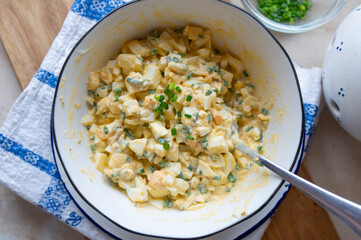 Traditional german egg salad with pickles and mayonnaise in a bowl