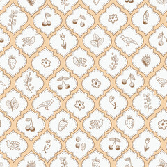 Berries flowers and birds doodle spring seamless pattern, simple ornament