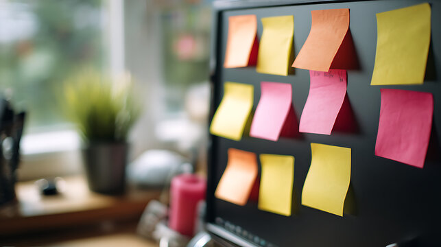 Creative Workspace: Colorful sticky notes adorn a sleek computer monitor, providing a visual tapestry of reminders and ideas within a bright office setting.