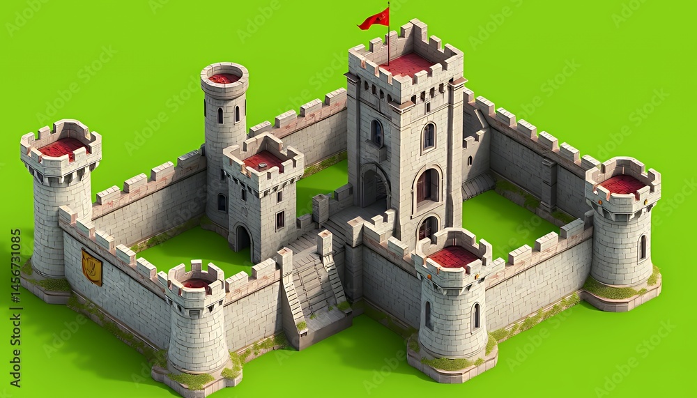 Poster isometric low poly medieval stone castle isolated by green screen with red flag on the main tower id