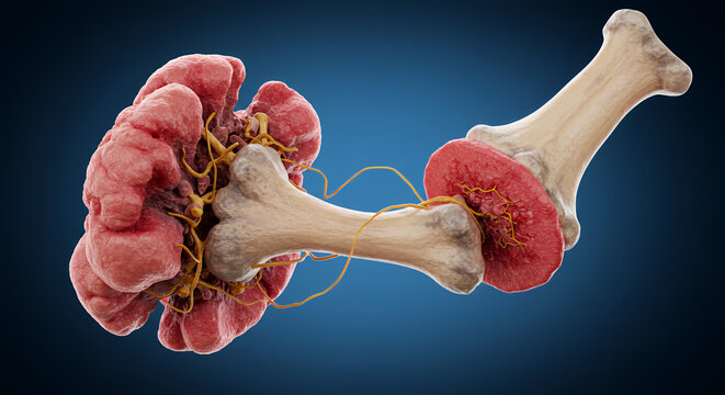 Detailed 3D Render of Red And Yellow Bone Marrow Within Long Bone Against Deep Blue Background
