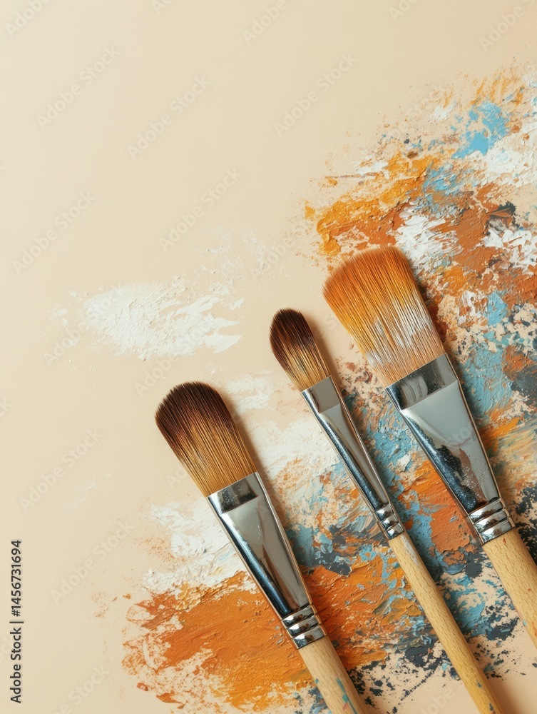 Poster artistic arrangement of paintbrushes on a textured background with warm and cool color palette