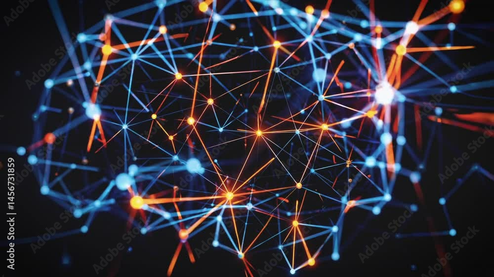 Poster visualization of a neural network in vibrant orange and blue lines, symbolizing artificial intellige