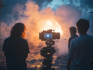 A film crew films a dramatic explosion scene at night using professional cinematic equipment du movie production.